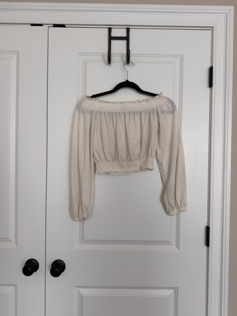 Divided Off-Shoulder Smocked Crop Top - Cream